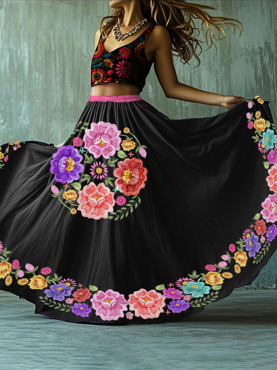 Mujer Fiesta Mexicana Cinco De Mayo Arte Floral Impreso Falda