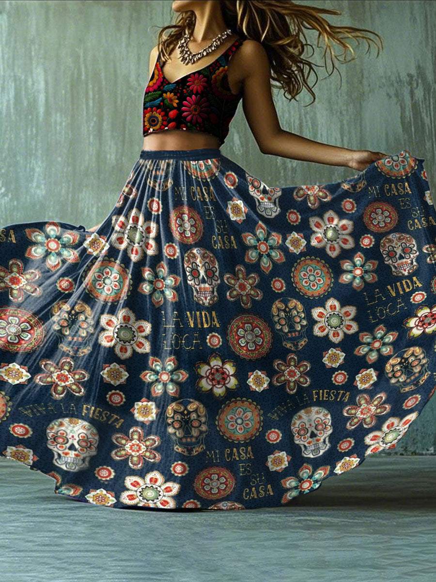 Mujer Fiesta Mexicana Cinco De Mayo Arte Floral Impreso Falda