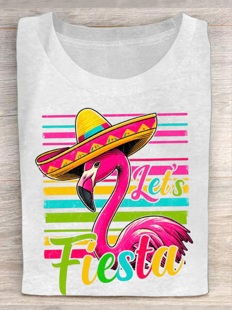 Mexican Cinco De Mayo Let's Fiesta Flamingo Camiseta de manga corta con cuello en V para mujer