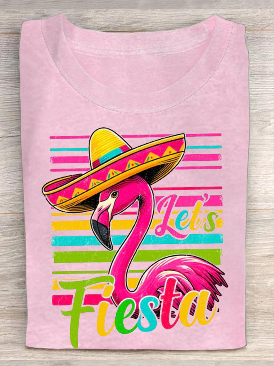 Mexican Cinco De Mayo Let's Fiesta Flamingo Camiseta de manga corta con cuello en V para mujer