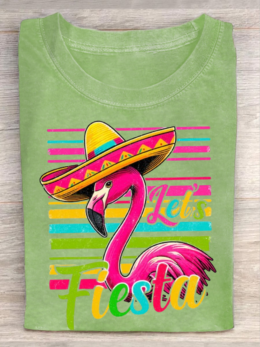 Mexican Cinco De Mayo Let's Fiesta Flamingo Camiseta de manga corta con cuello en V para mujer