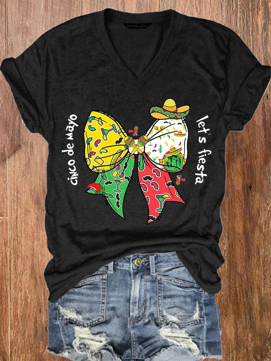 Camiseta de manga corta casual impresa Fiesta de Cinco De Drinko para mujer
