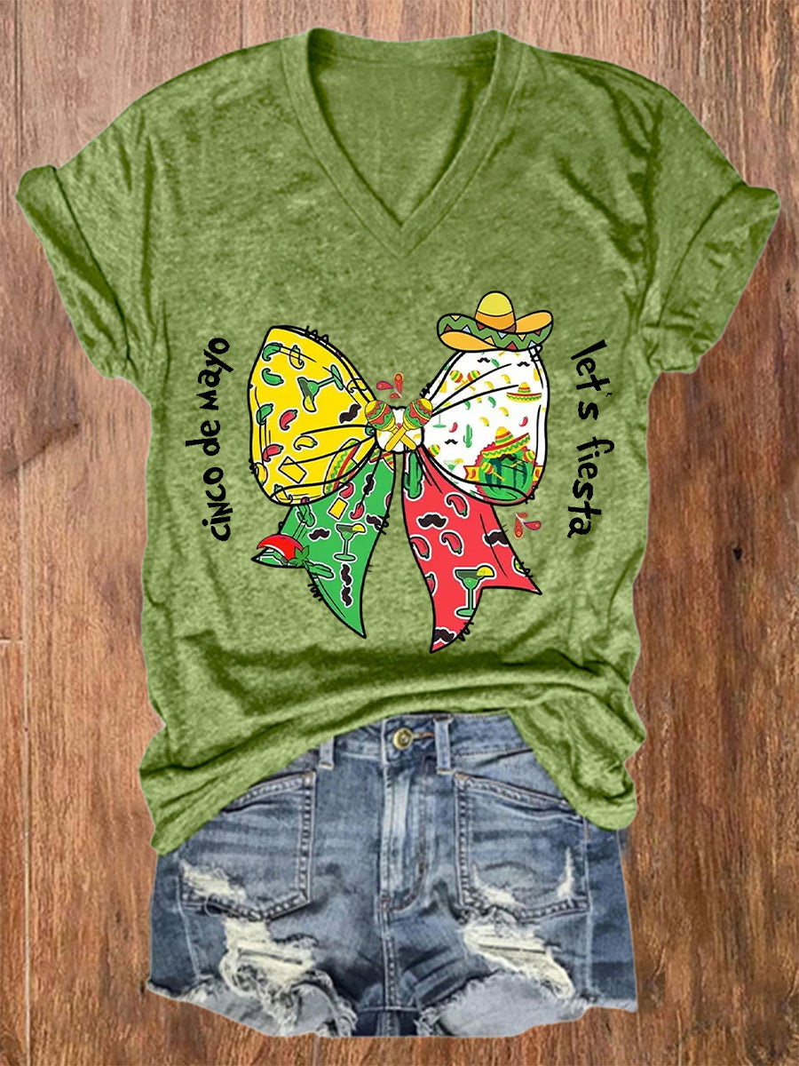 Camiseta de manga corta casual impresa Fiesta de Cinco De Drinko para mujer