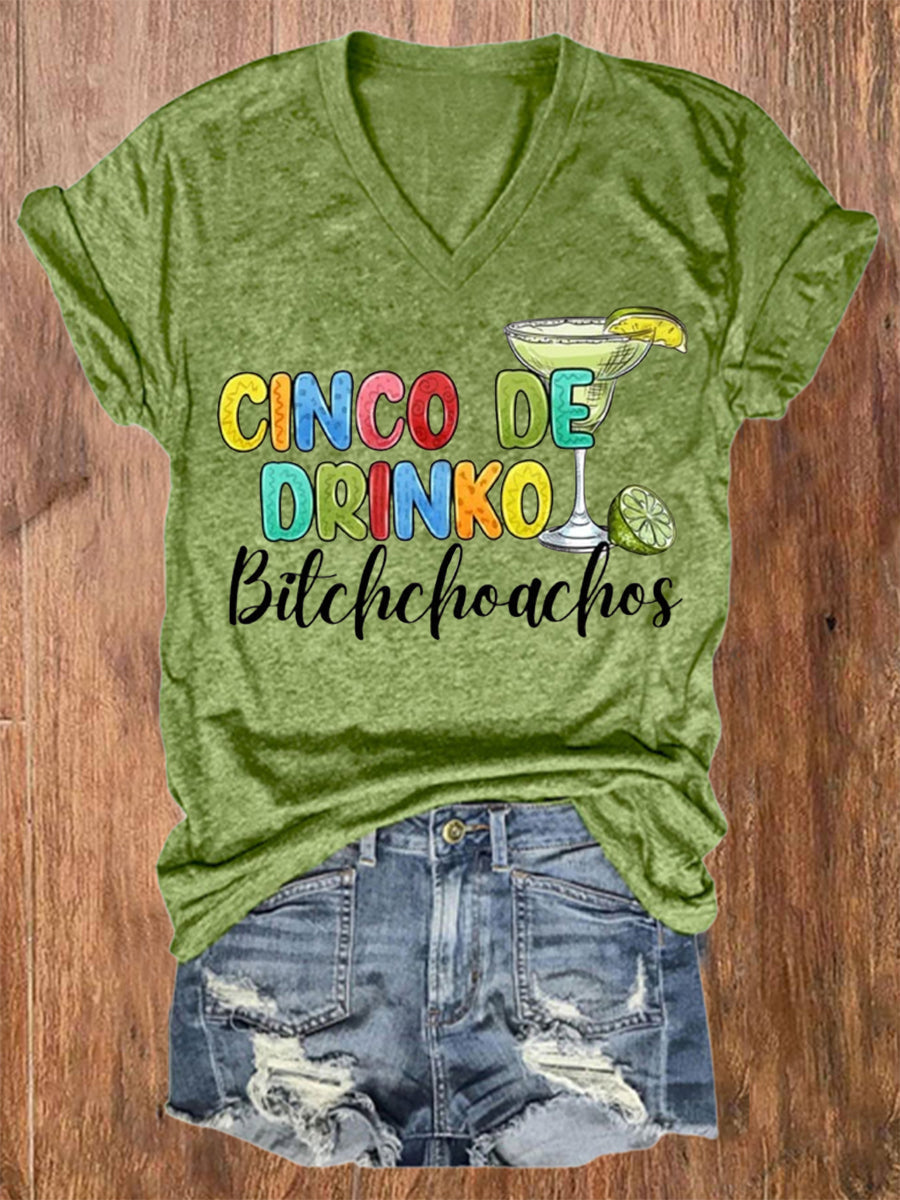 Camiseta de manga corta casual impresa de Cinco De Drinko de las mujeres