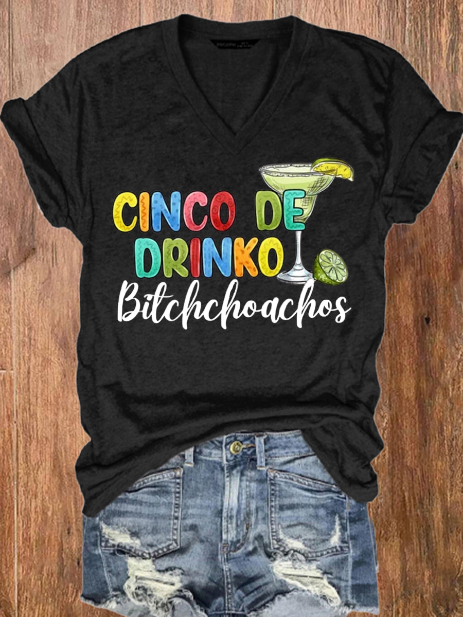 Camiseta de manga corta casual impresa de Cinco De Drinko de las mujeres