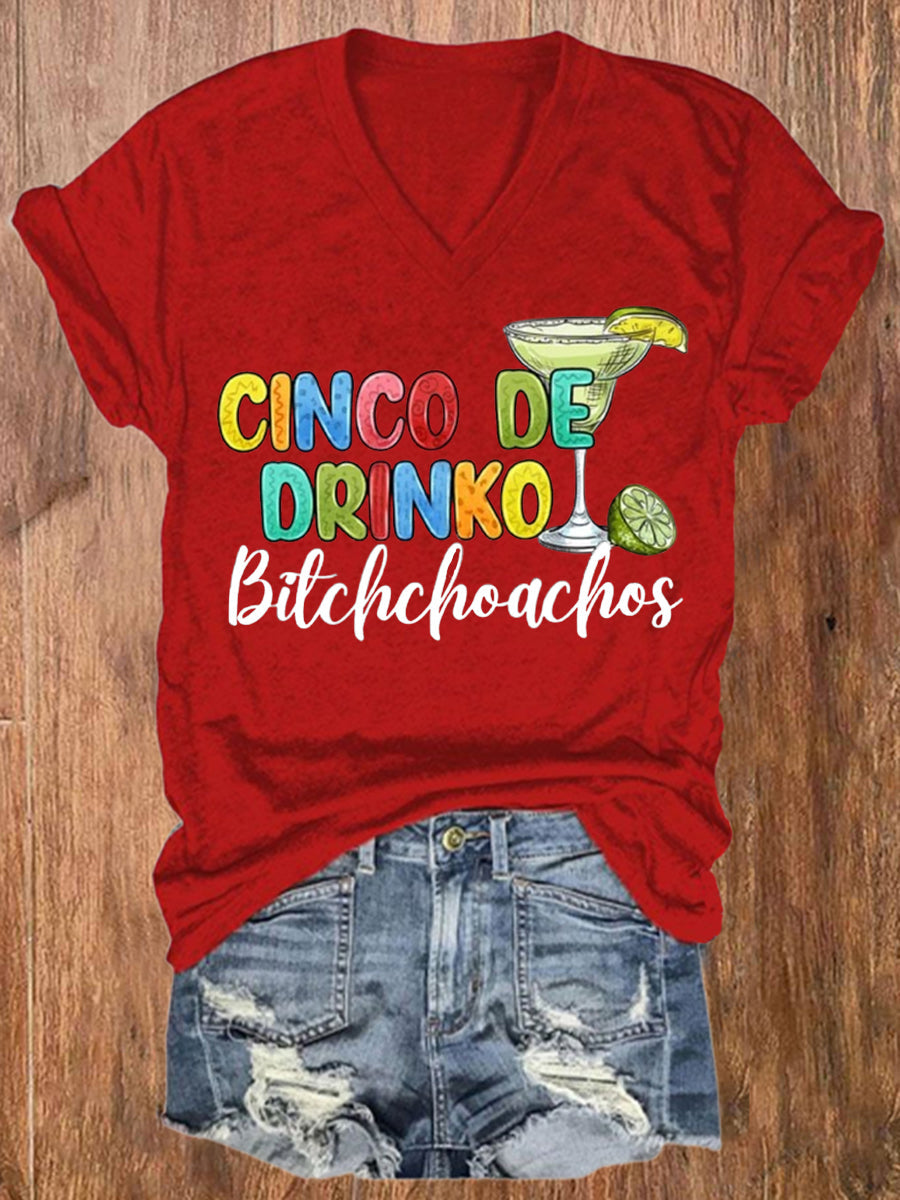 Camiseta de manga corta casual impresa de Cinco De Drinko de las mujeres