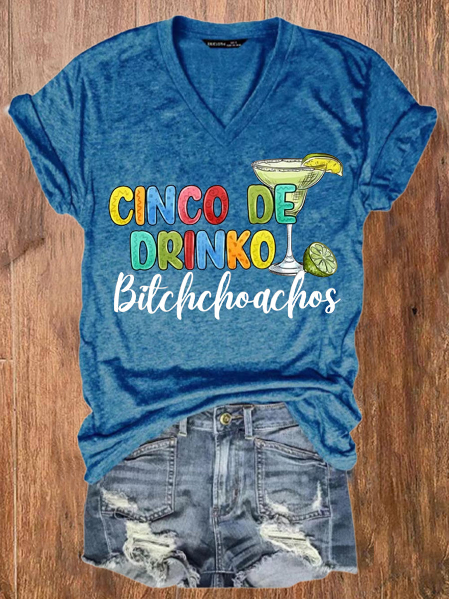 Camiseta de manga corta casual impresa de Cinco De Drinko de las mujeres