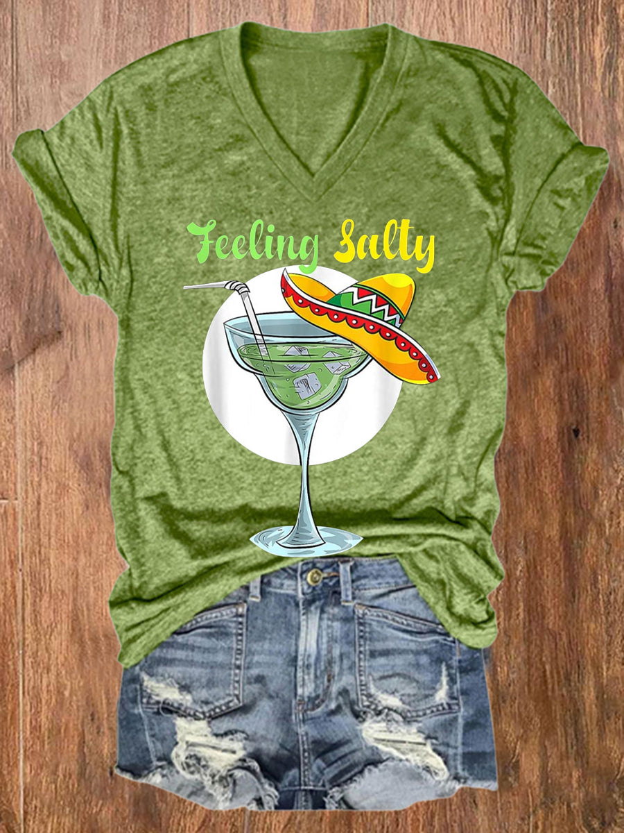 Mujer Mexicana Cinco De Mayo Divertido Margarita Beber Sensación Salado Impreso Con Cuello En V Camiseta De Manga Corta