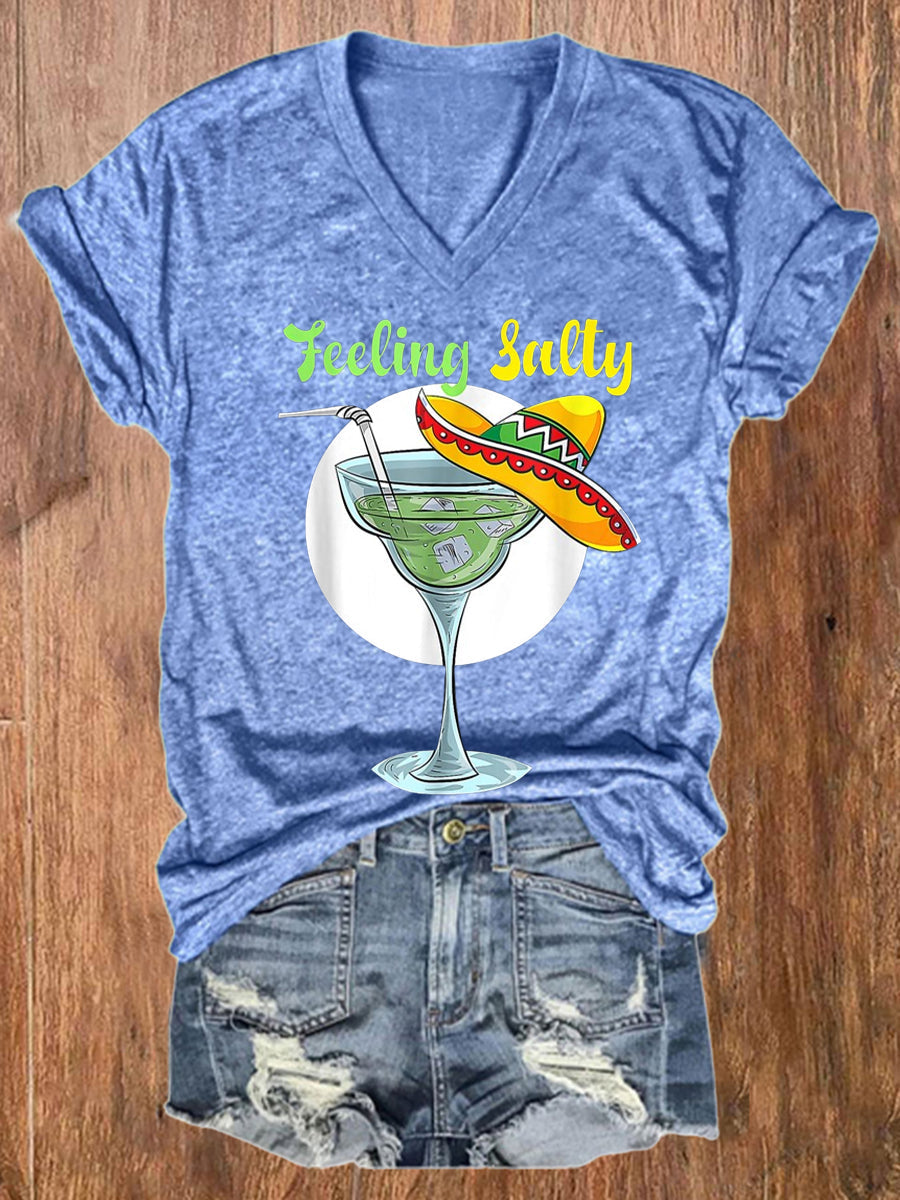 Mujer Mexicana Cinco De Mayo Divertido Margarita Beber Sensación Salado Impreso Con Cuello En V Camiseta De Manga Corta