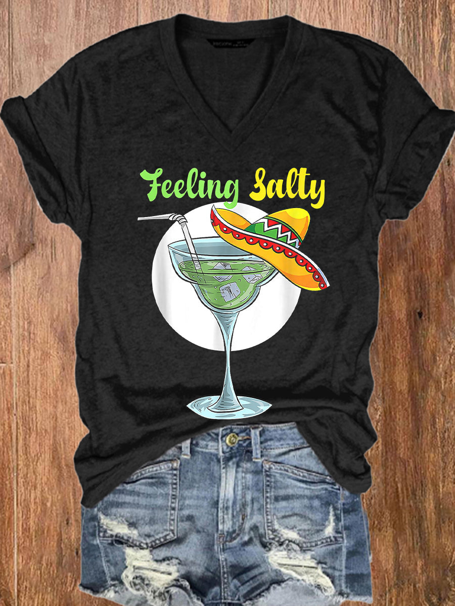 Mujer Mexicana Cinco De Mayo Divertido Margarita Beber Sensación Salado Impreso Con Cuello En V Camiseta De Manga Corta