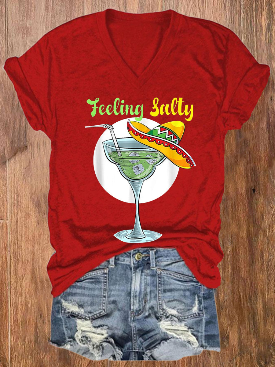 Mujer Mexicana Cinco De Mayo Divertido Margarita Beber Sensación Salado Impreso Con Cuello En V Camiseta De Manga Corta