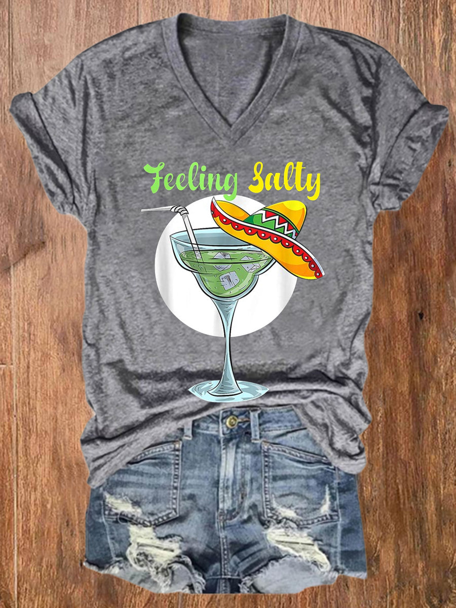 Mujer Mexicana Cinco De Mayo Divertido Margarita Beber Sensación Salado Impreso Con Cuello En V Camiseta De Manga Corta