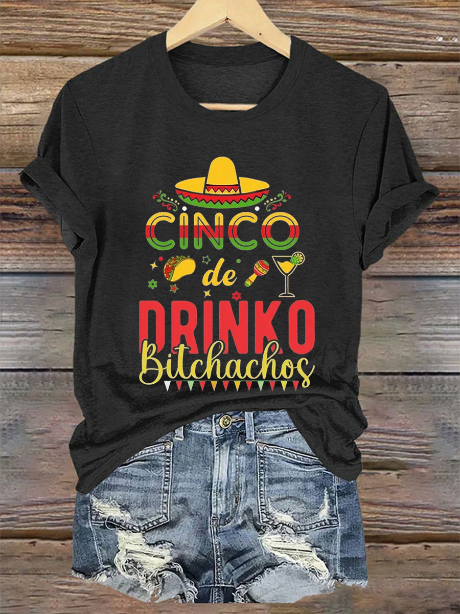 Camiseta de manga corta casual impresa de Cinco De Drinko de las mujeres