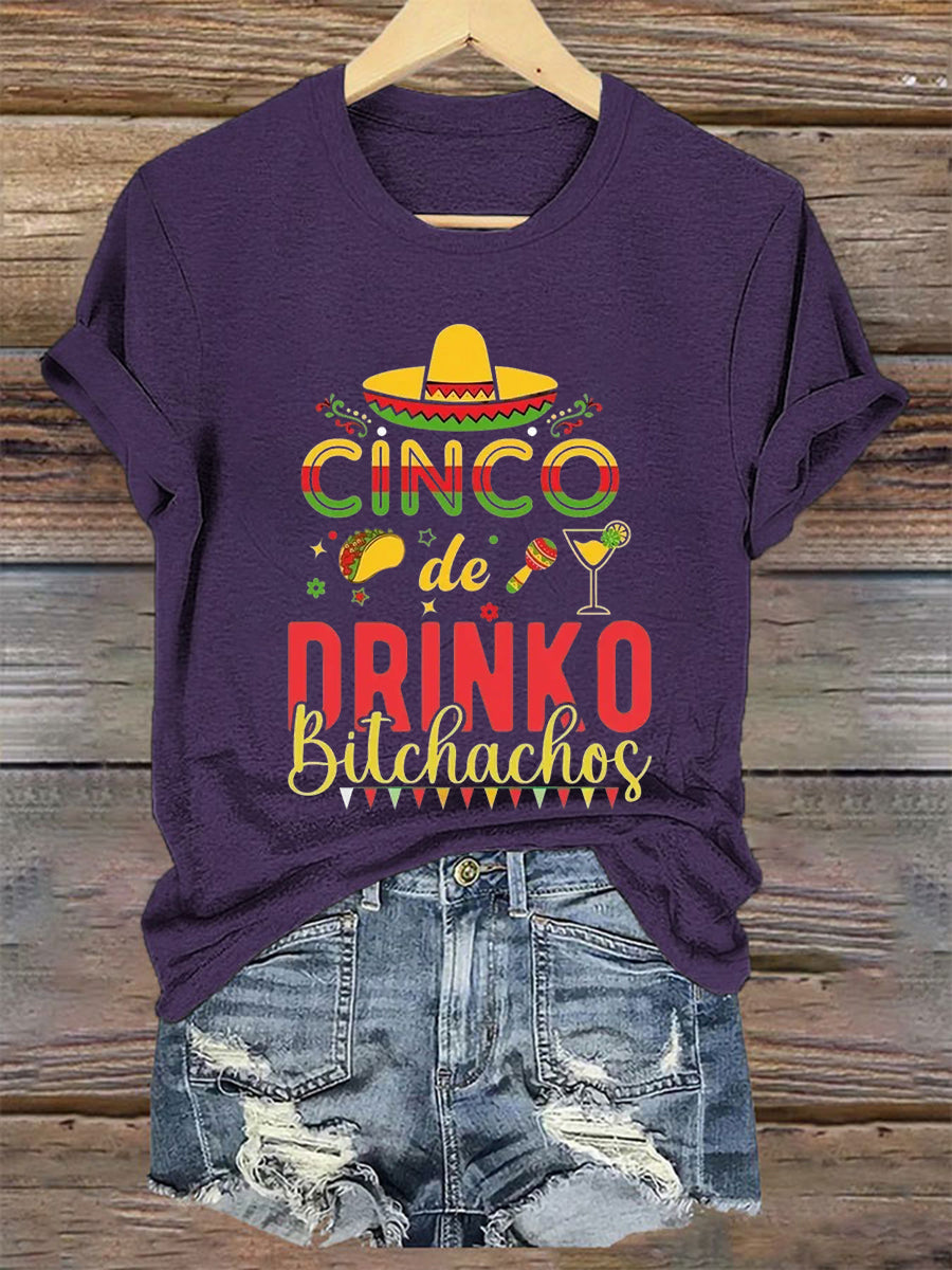 Camiseta de manga corta casual impresa de Cinco De Drinko de las mujeres
