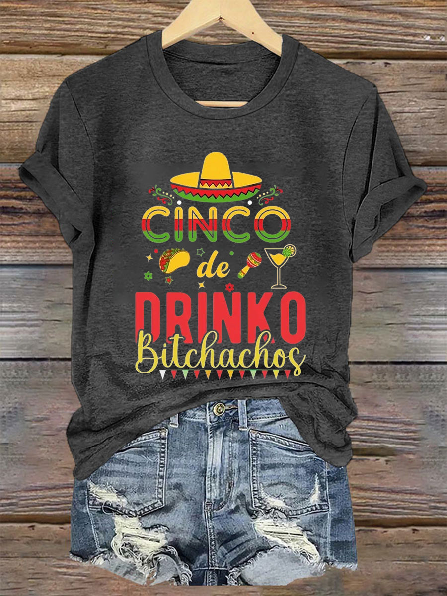 Camiseta de manga corta casual impresa de Cinco De Drinko de las mujeres