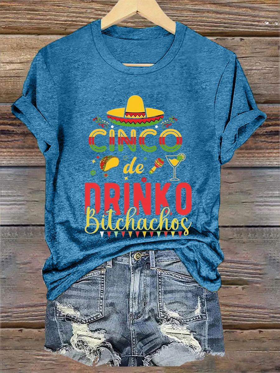 Camiseta de manga corta casual impresa de Cinco De Drinko de las mujeres