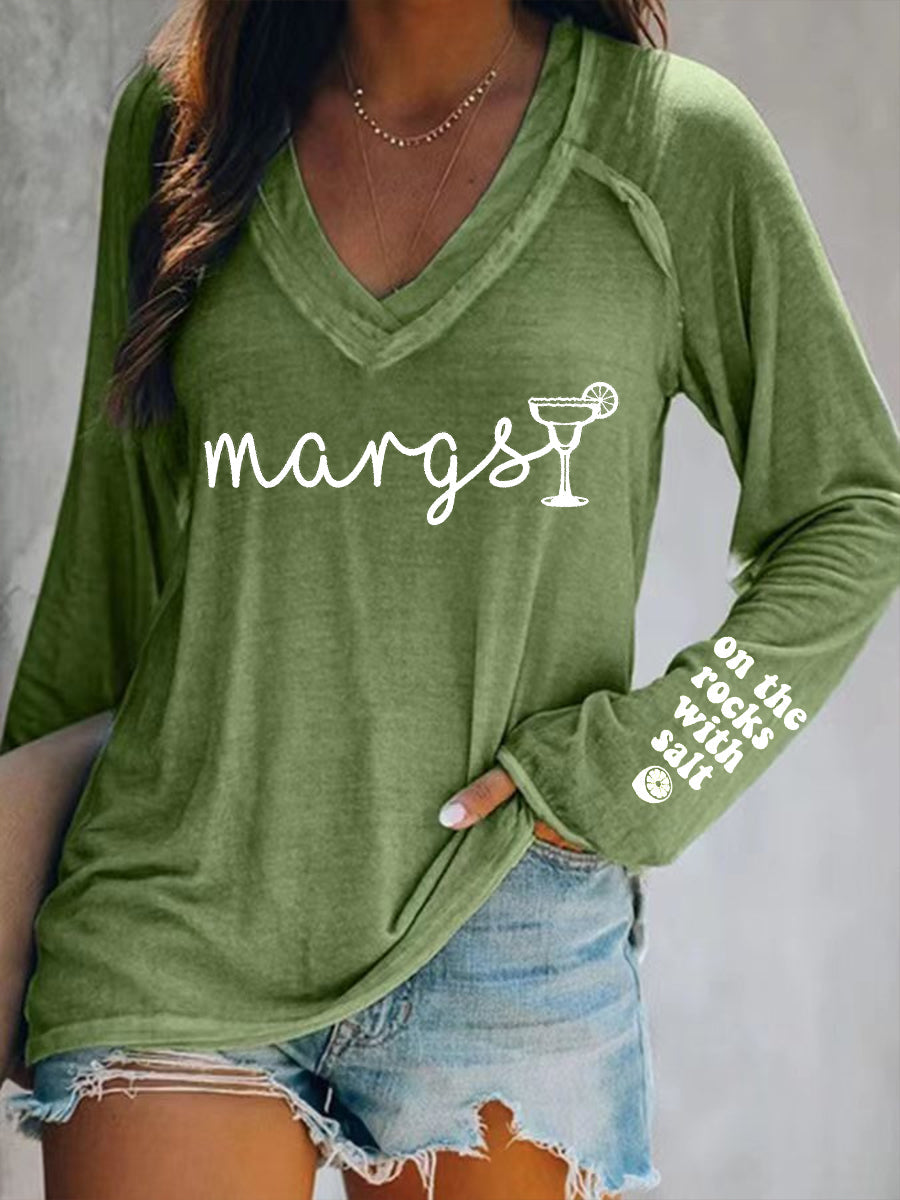Cinco De Mayo Margarit On The Rocks With Salt Printed Camiseta de manga larga con cuello en V para mujer