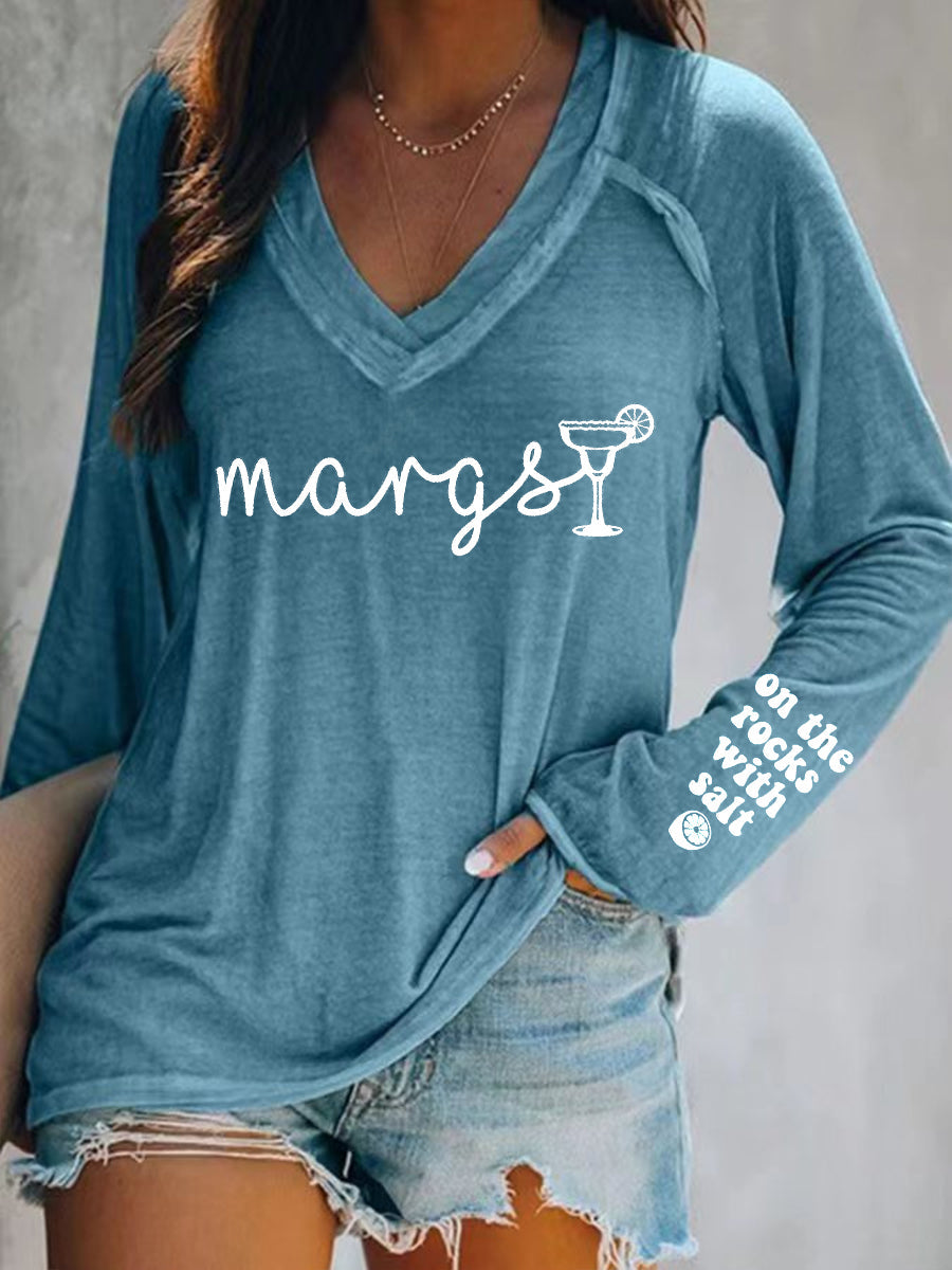 Cinco De Mayo Margarit On The Rocks With Salt Printed Camiseta de manga larga con cuello en V para mujer