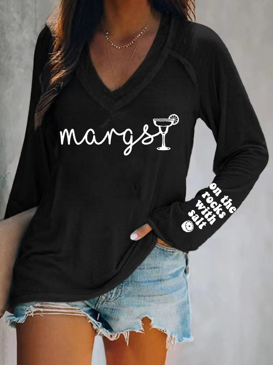 Cinco De Mayo Margarit On The Rocks With Salt Printed Camiseta de manga larga con cuello en V para mujer