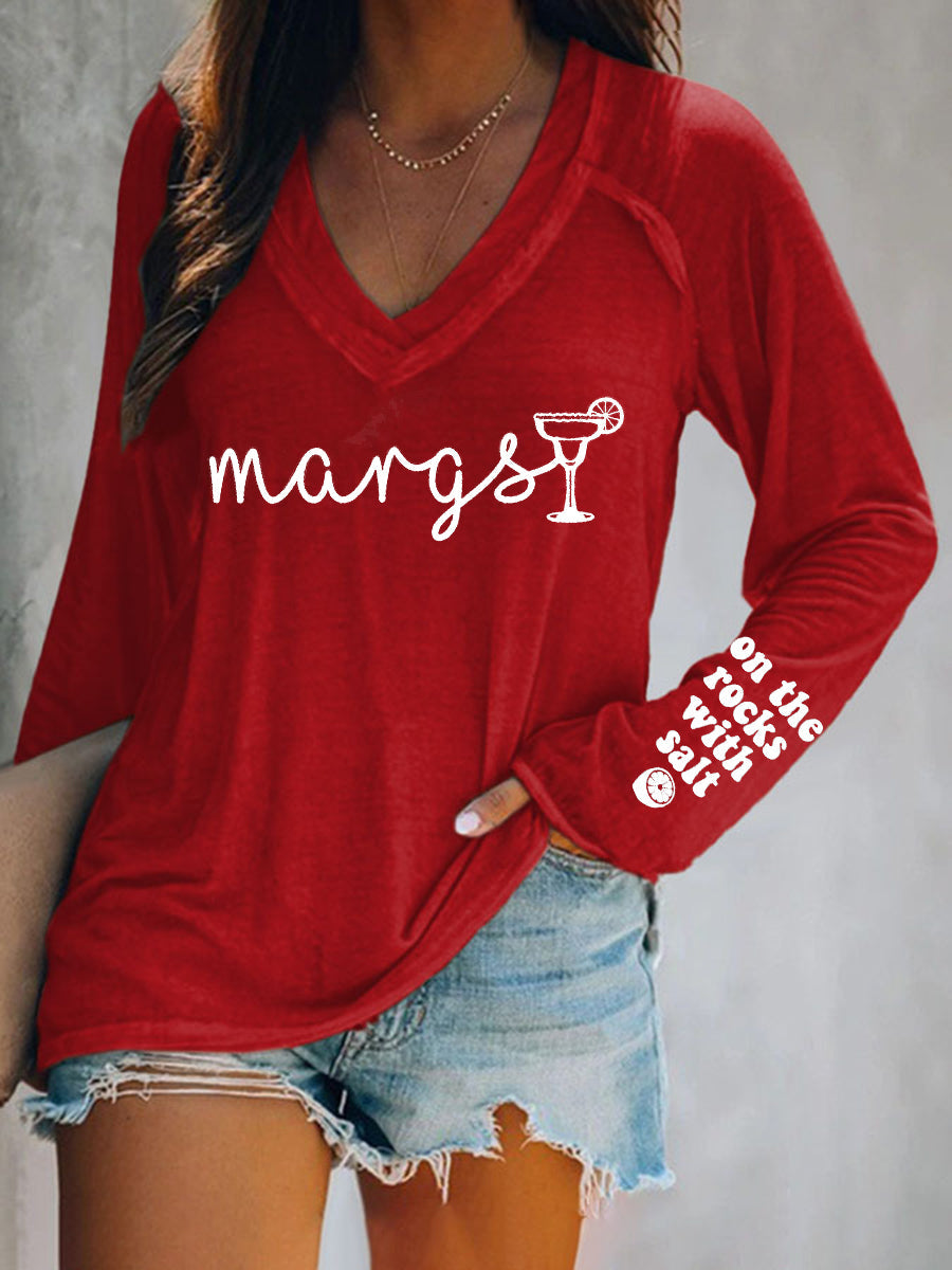 Cinco De Mayo Margarit On The Rocks With Salt Printed Camiseta de manga larga con cuello en V para mujer