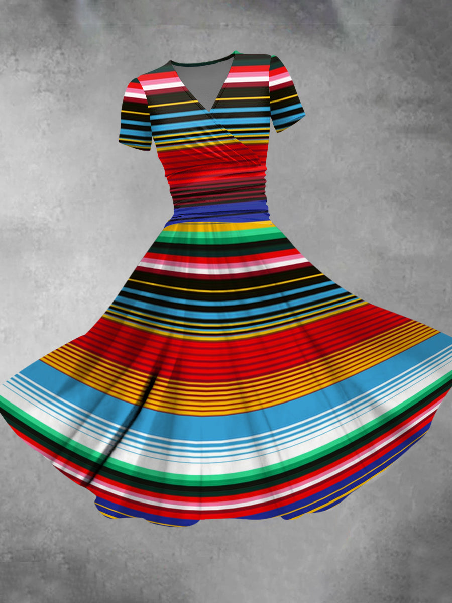 Vestido con estampado de rayas tradicionales mexicanas Cinco de Mayo para mujer