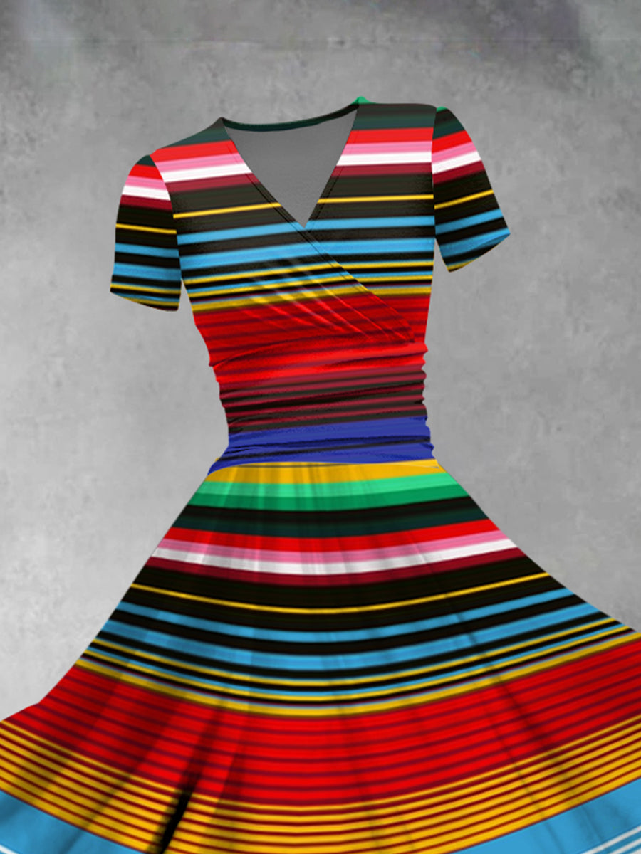 Vestido con estampado de rayas tradicionales mexicanas Cinco de Mayo para mujer
