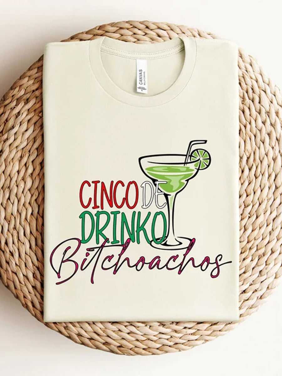 Camiseta de manga corta con cuello en V impresa Cinco De Drinko de mujer