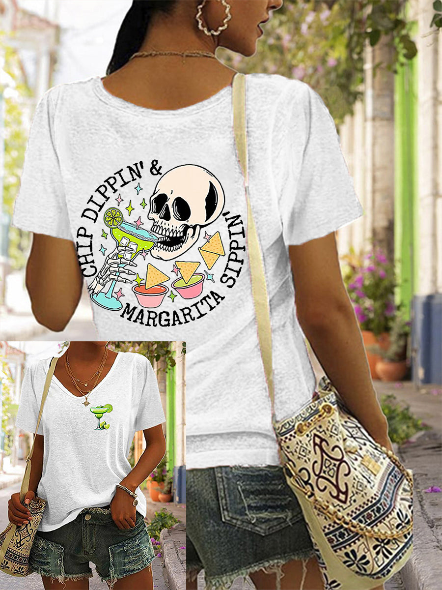 Mujer Cinco De Mayo Chip Dippin' Margarita Sippin 'Printed V-cuello de manga corta camiseta