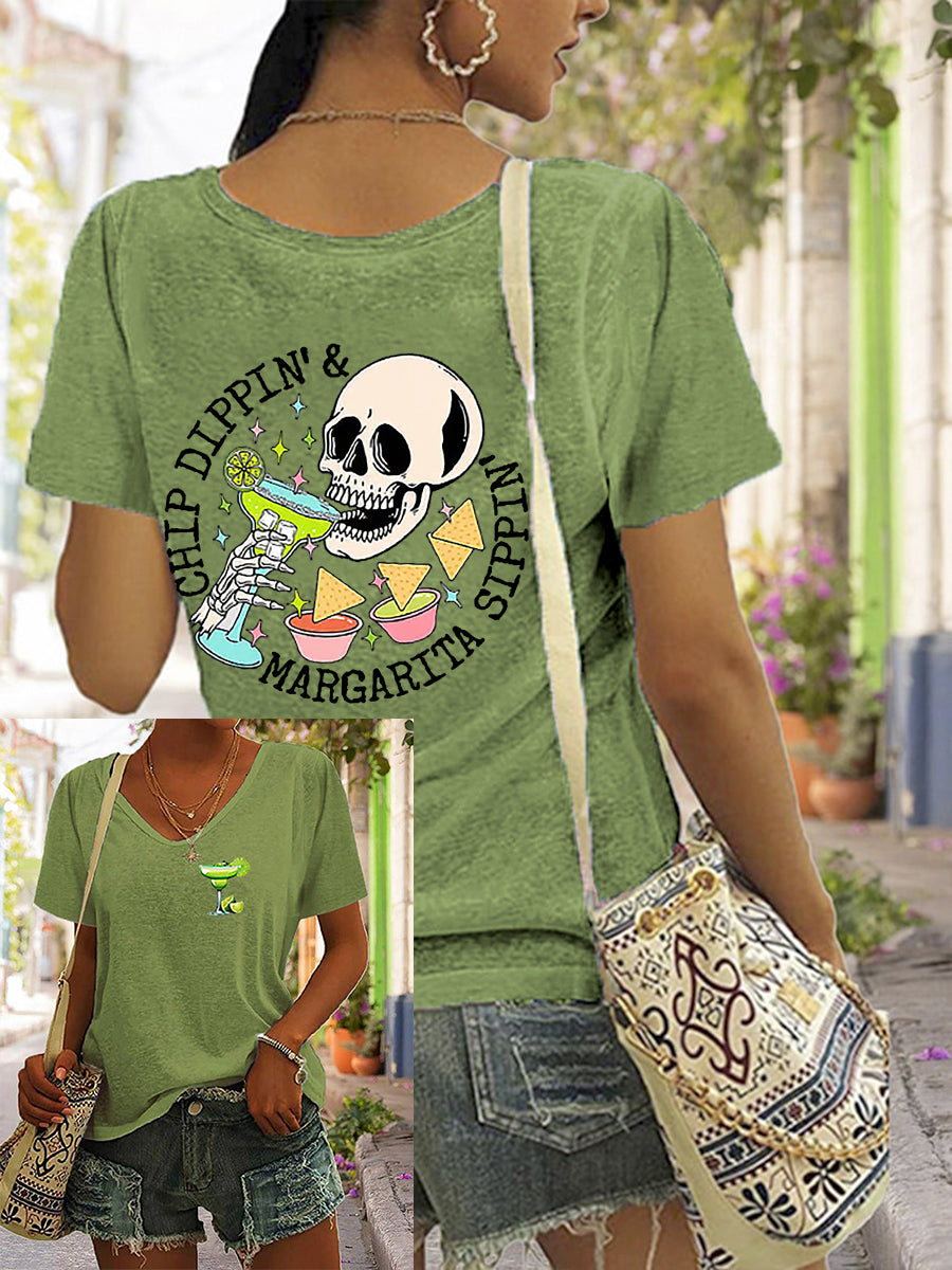 Mujer Cinco De Mayo Chip Dippin' Margarita Sippin 'Printed V-cuello de manga corta camiseta