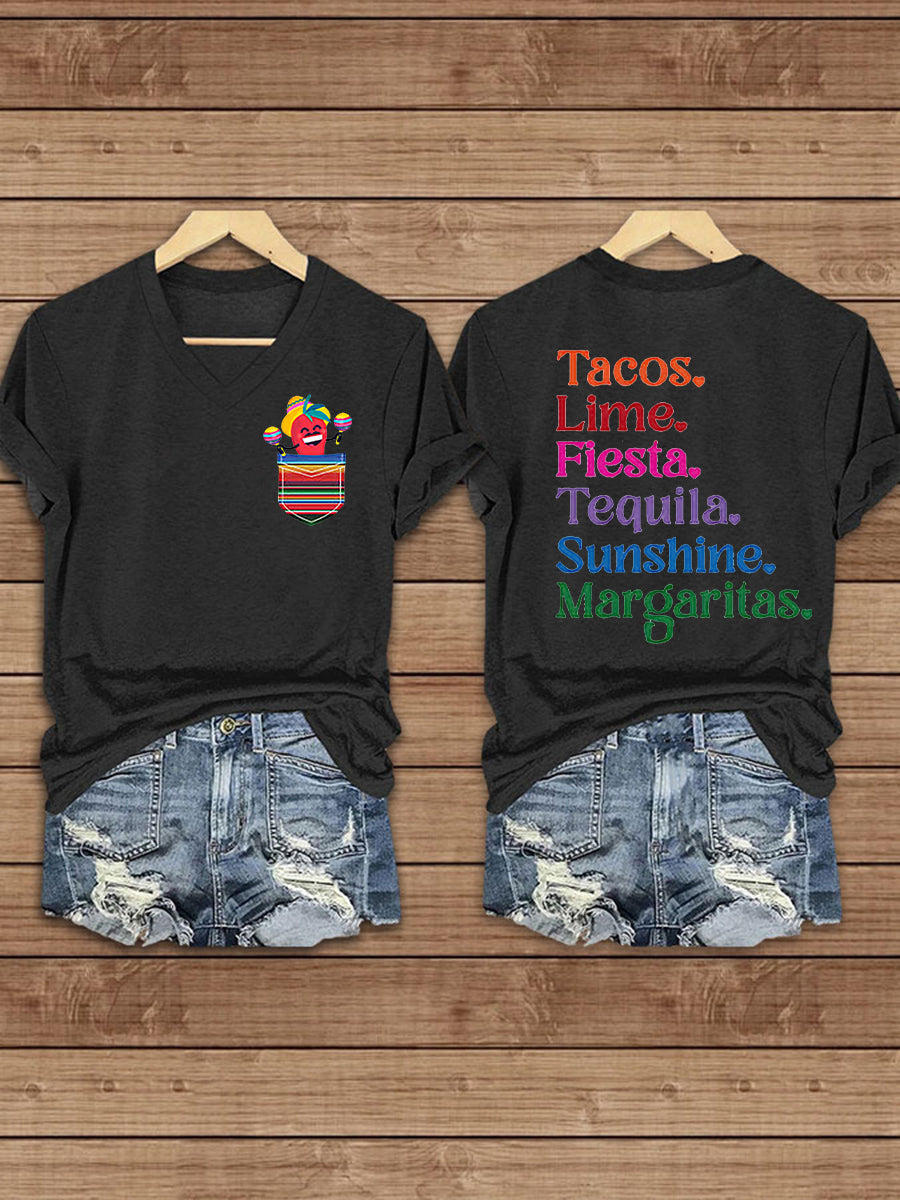 Camiseta de manga corta con cuello en V impresa Cinco De Mayo para mujer