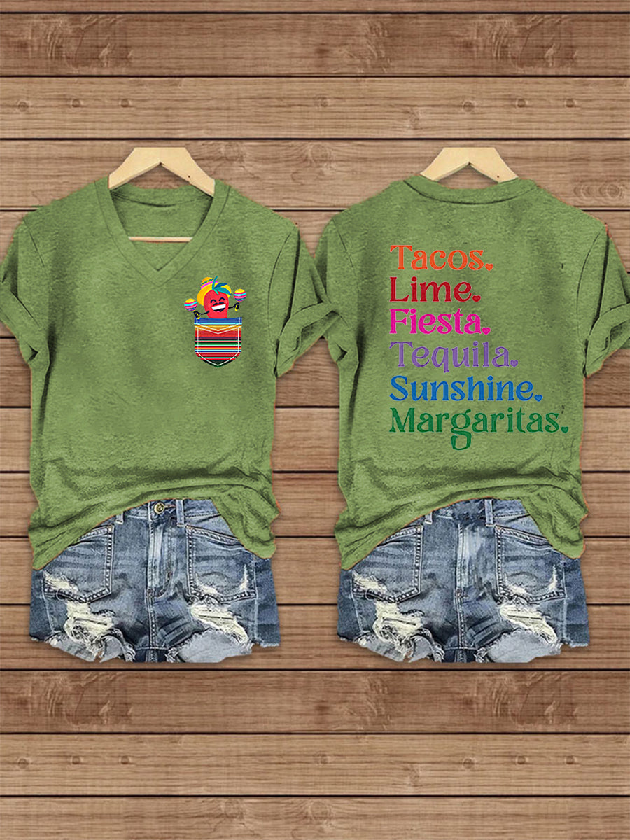 Camiseta de manga corta con cuello en V impresa Cinco De Mayo para mujer