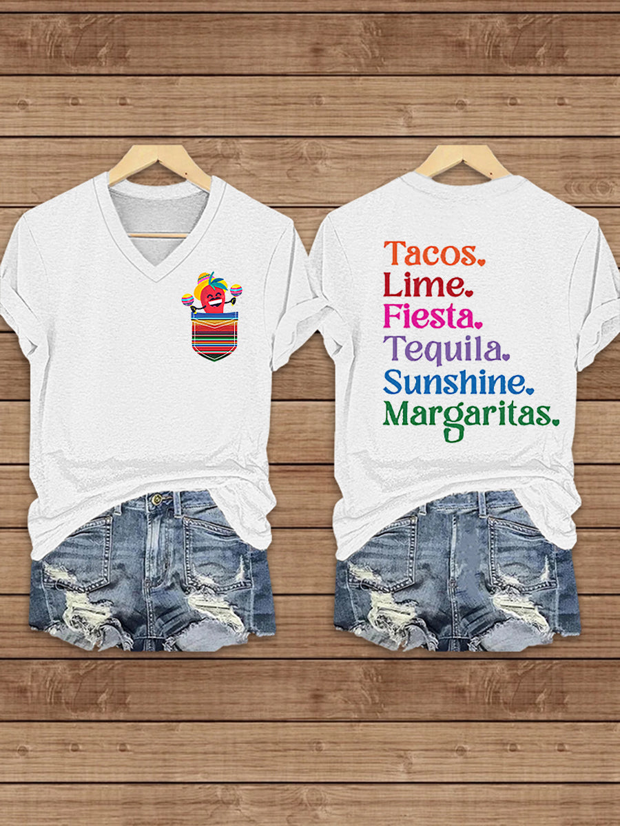 Camiseta de manga corta con cuello en V impresa Cinco De Mayo para mujer
