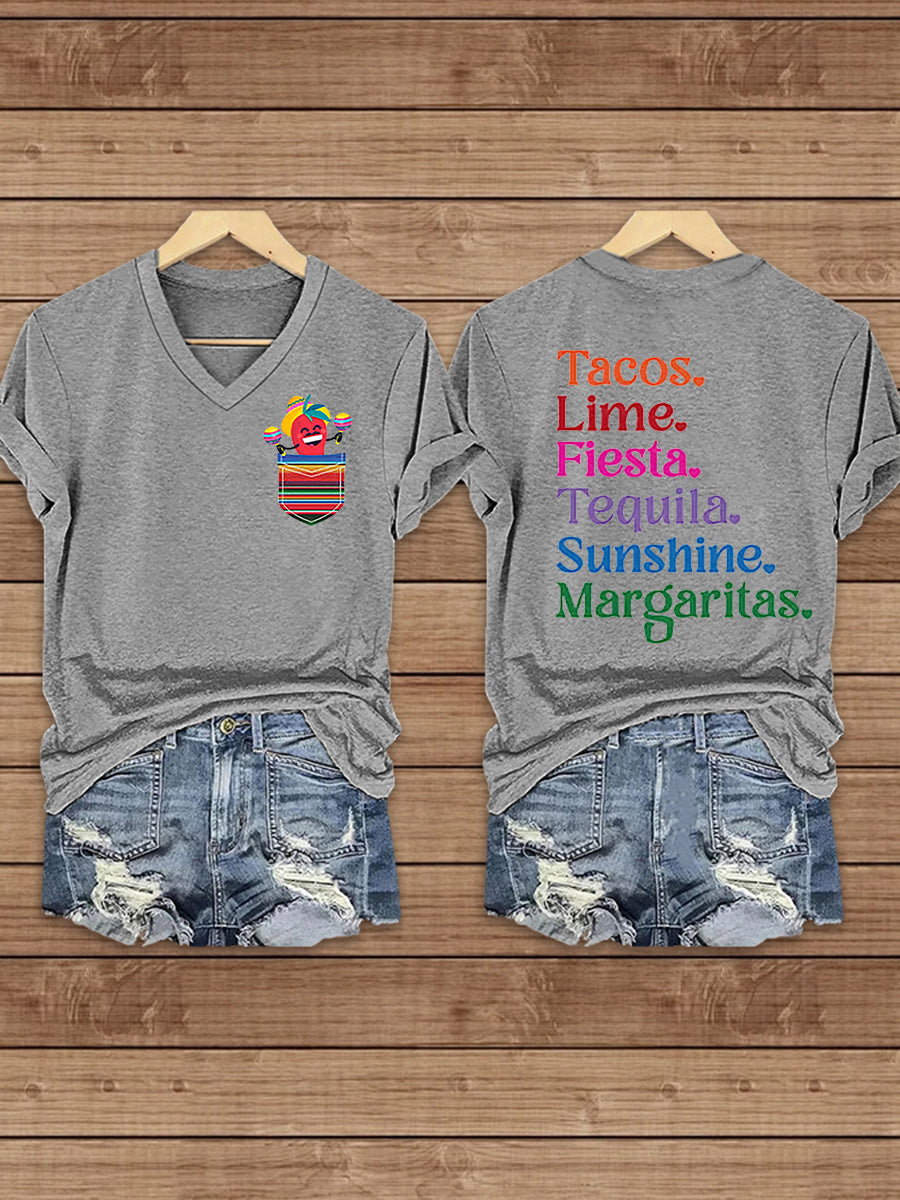 Camiseta de manga corta con cuello en V impresa Cinco De Mayo para mujer