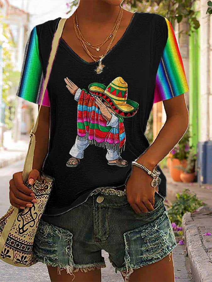 Camisa de manga corta con cuello en V y estampado Cinco de Mayo para mujer