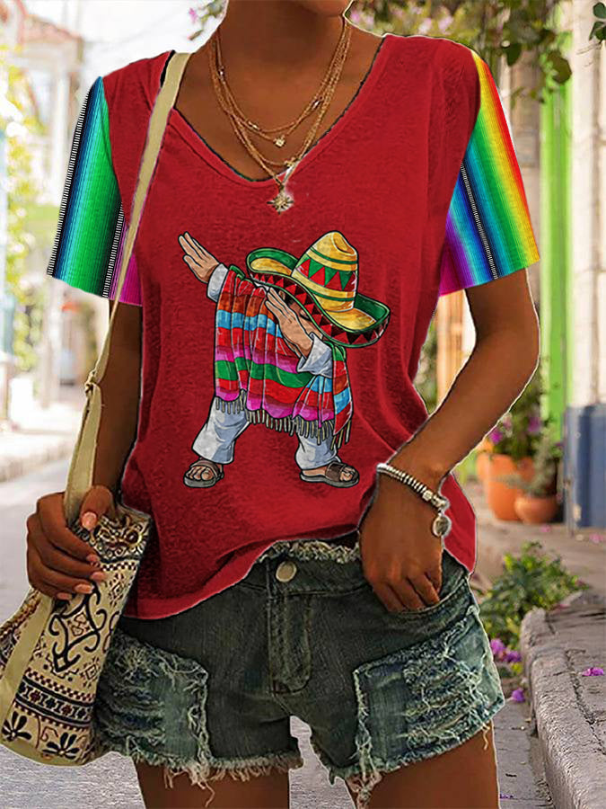 Camisa de manga corta con cuello en V y estampado Cinco de Mayo para mujer