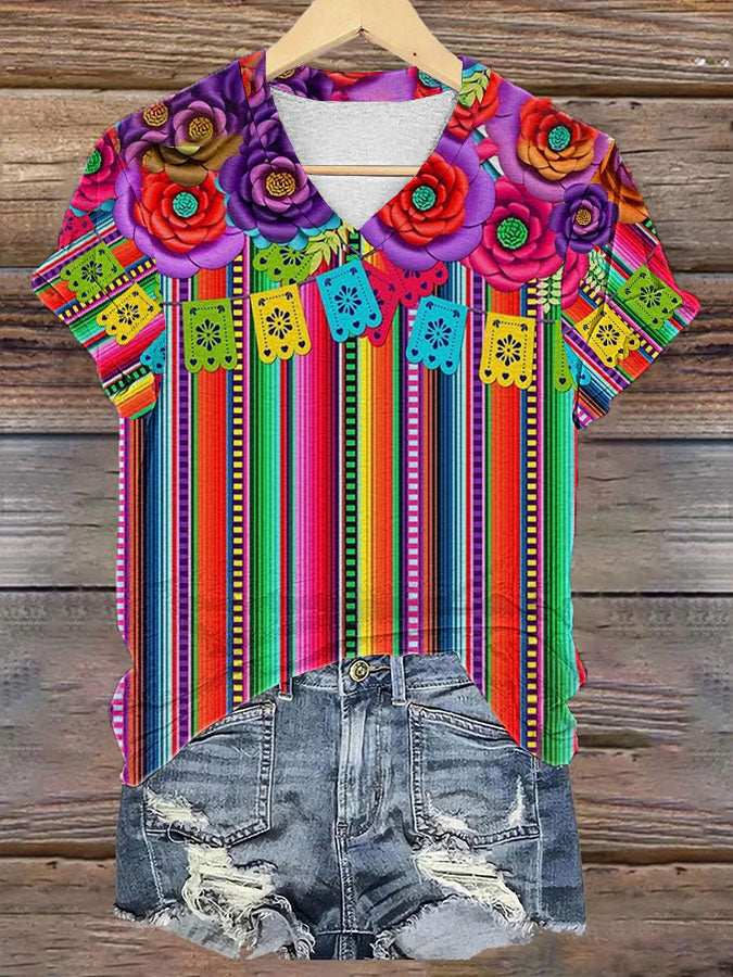Mujer Cinco De MayoPrinted V-cuello de manga corta Camisa