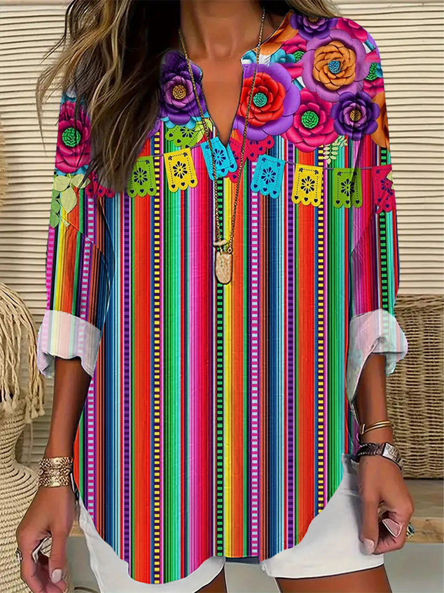 Camisa de manga larga de lino de algodón vintage con estampado de Cinco de Mayo para mujer