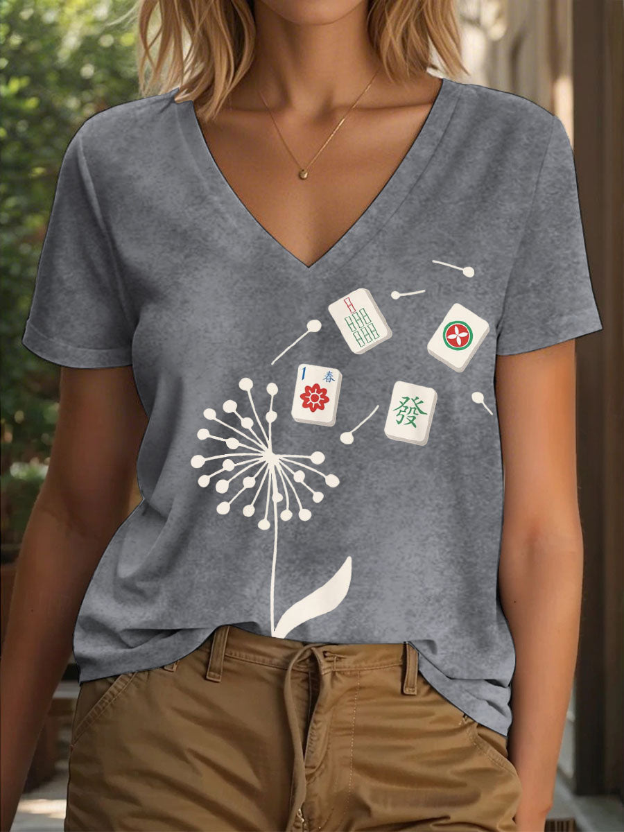 Dandelion Fun Mahjong camiseta con cuello en V para mujer