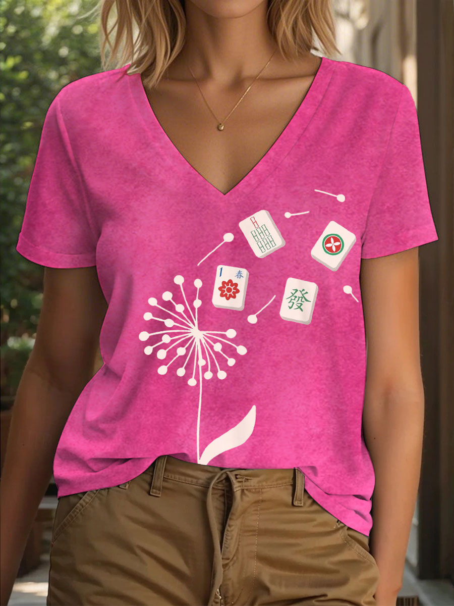 Dandelion Fun Mahjong camiseta con cuello en V para mujer
