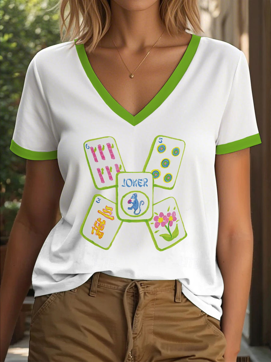 Camiseta casual impresa Mahjong divertida de las mujeres