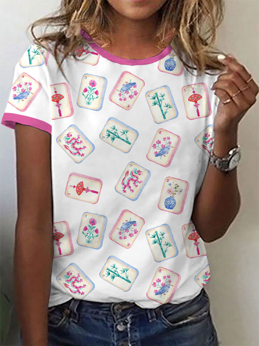 Camiseta casual con estampado de mahjong de estilo chino para mujer