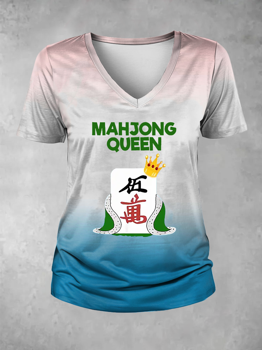 Camiseta casual impresa Mahjong divertida de las mujeres