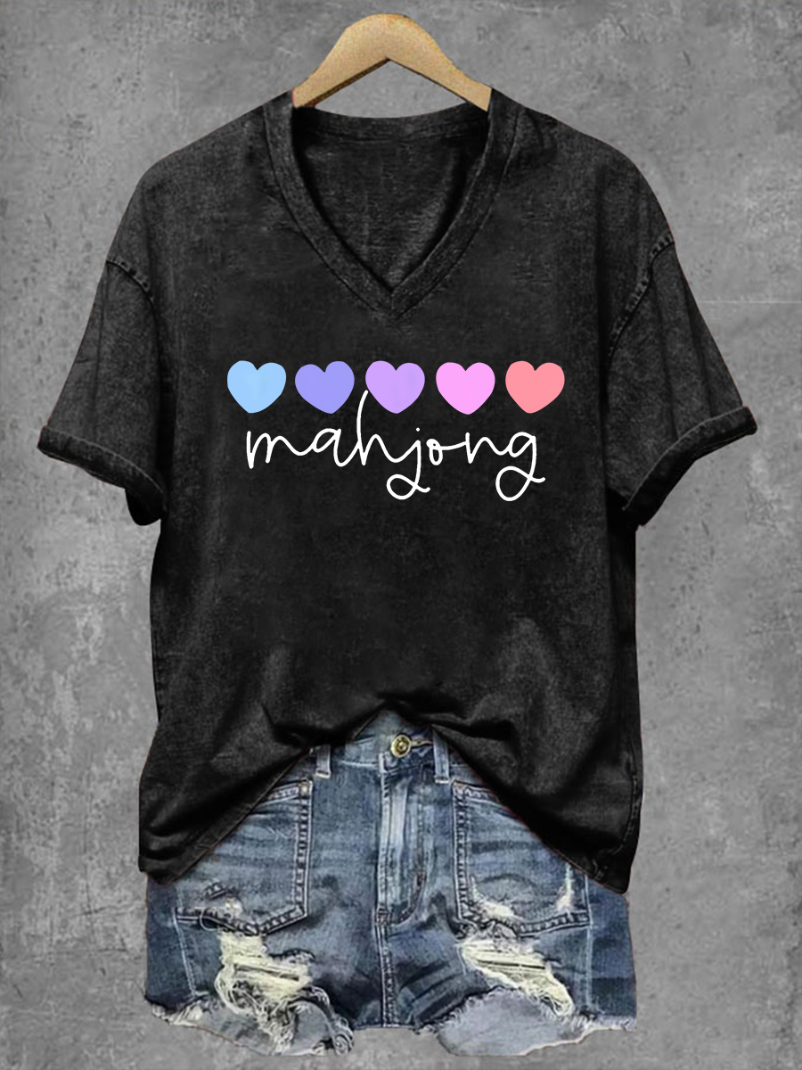 Camiseta Mahjong Print V-Neck para mujer