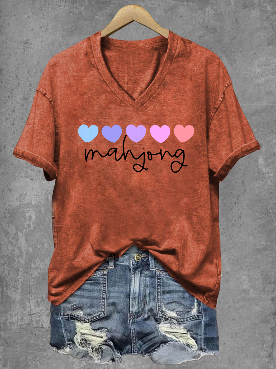 Camiseta Mahjong Print V-Neck para mujer