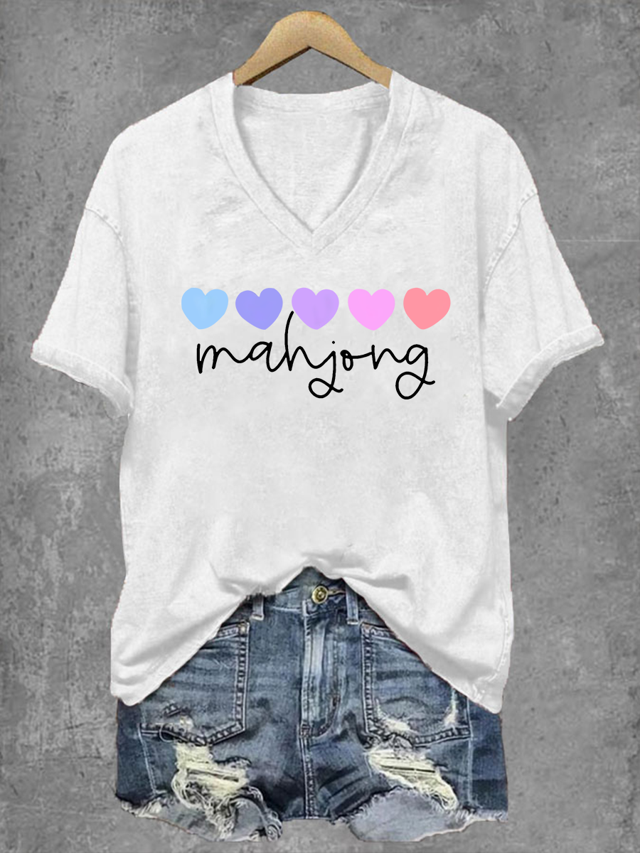 Camiseta Mahjong Print V-Neck para mujer