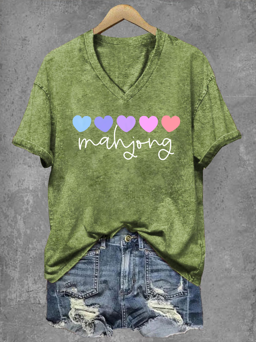 Camiseta Mahjong Print V-Neck para mujer