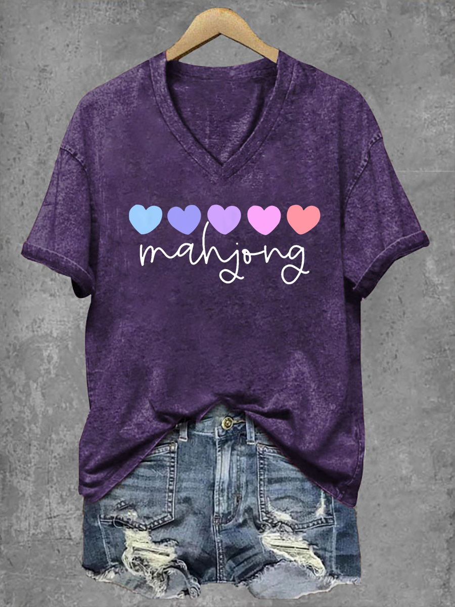 Camiseta Mahjong Print V-Neck para mujer