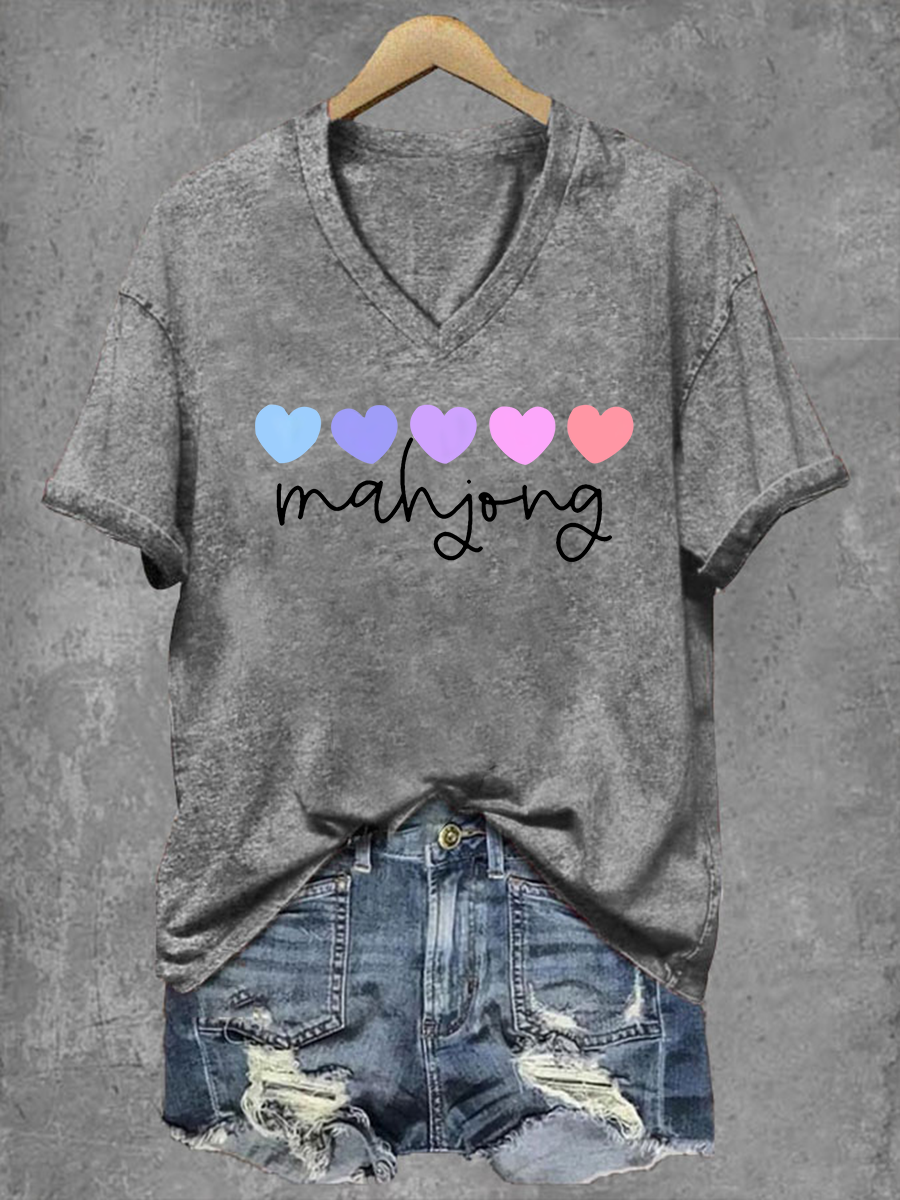 Camiseta Mahjong Print V-Neck para mujer