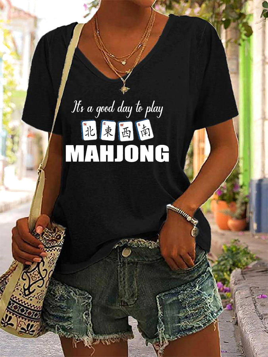 Camiseta Mahjong Print V-Neck para mujer