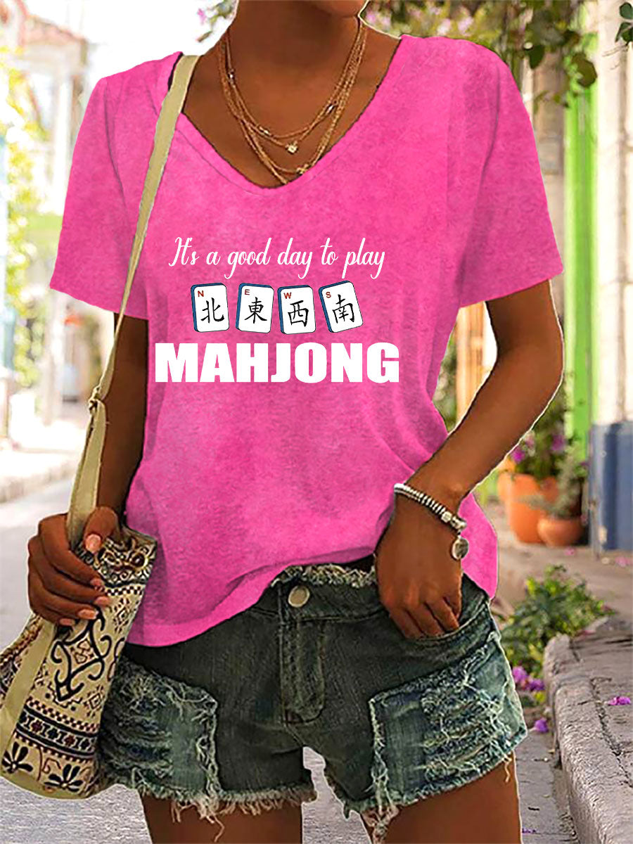 Camiseta Mahjong Print V-Neck para mujer